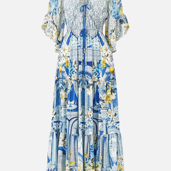 Young Ideas/Henmores - De Nada Granada Ruffle Sleeve Silk Midi Dress - Blue/White - S