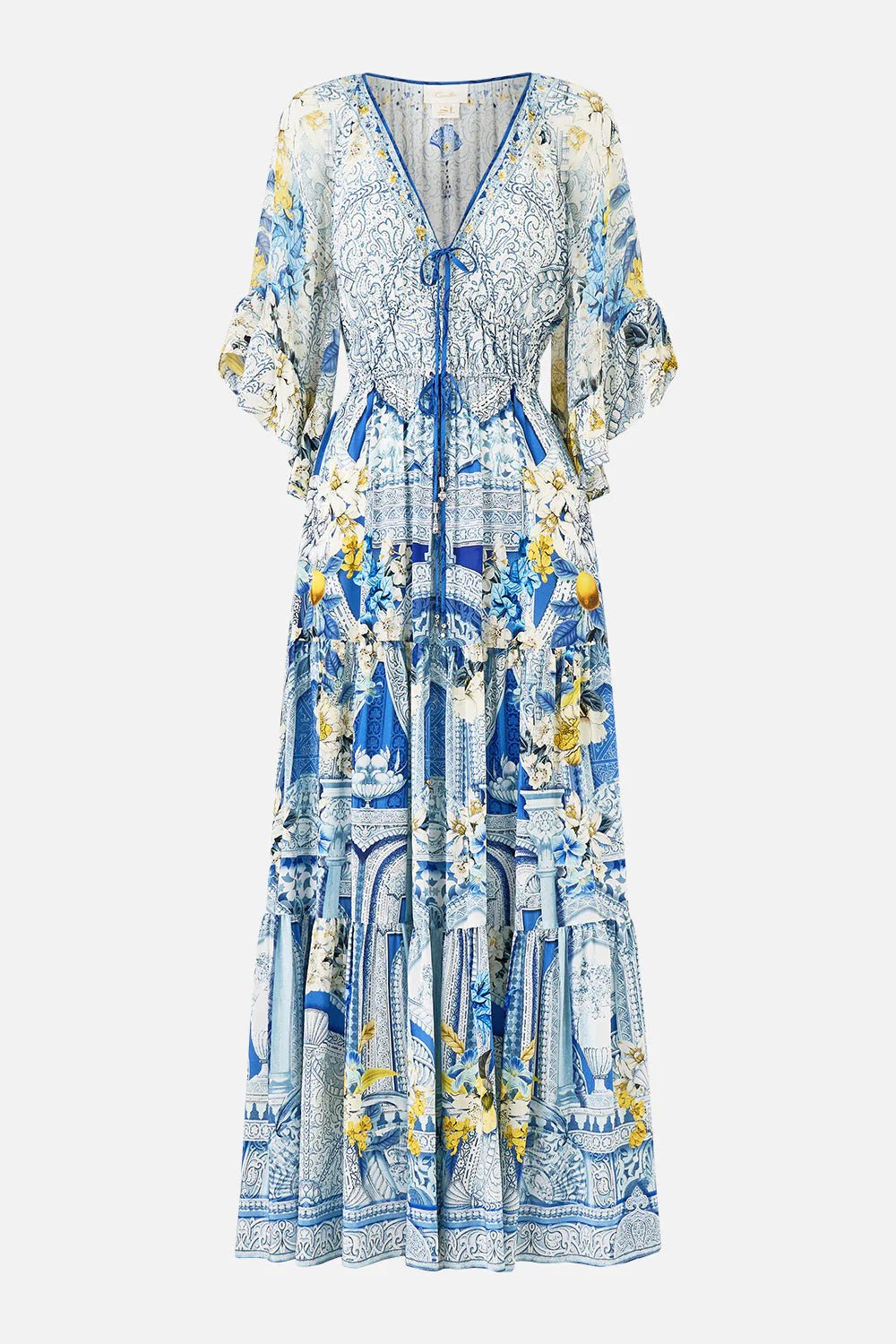 Young Ideas/Henmores - De Nada Granada Ruffle Sleeve Silk Midi Dress - Blue/White - S