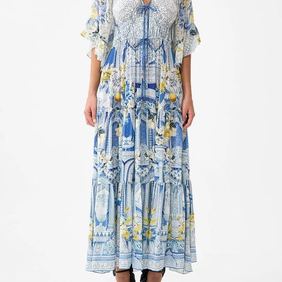 Young Ideas/Henmores - De Nada Granada Ruffle Sleeve Silk Midi Dress - Blue/White - S