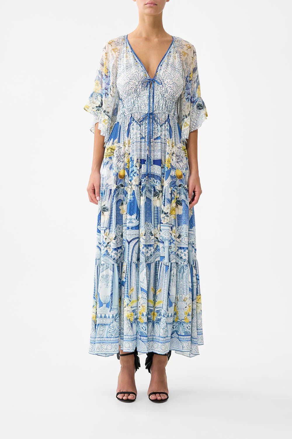 Young Ideas/Henmores - De Nada Granada Ruffle Sleeve Silk Midi Dress - Blue/White - S