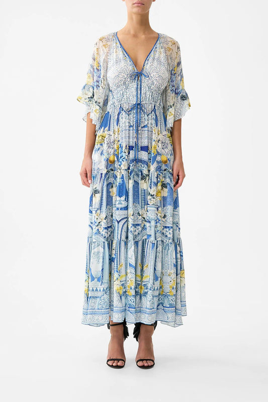 Young Ideas/Henmores - De Nada Granada Ruffle Sleeve Silk Midi Dress - Blue/White - S