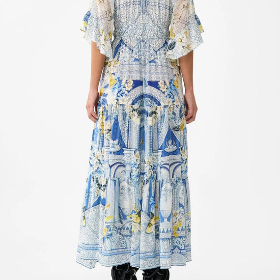 Young Ideas/Henmores - De Nada Granada Ruffle Sleeve Silk Midi Dress - Blue/White - S