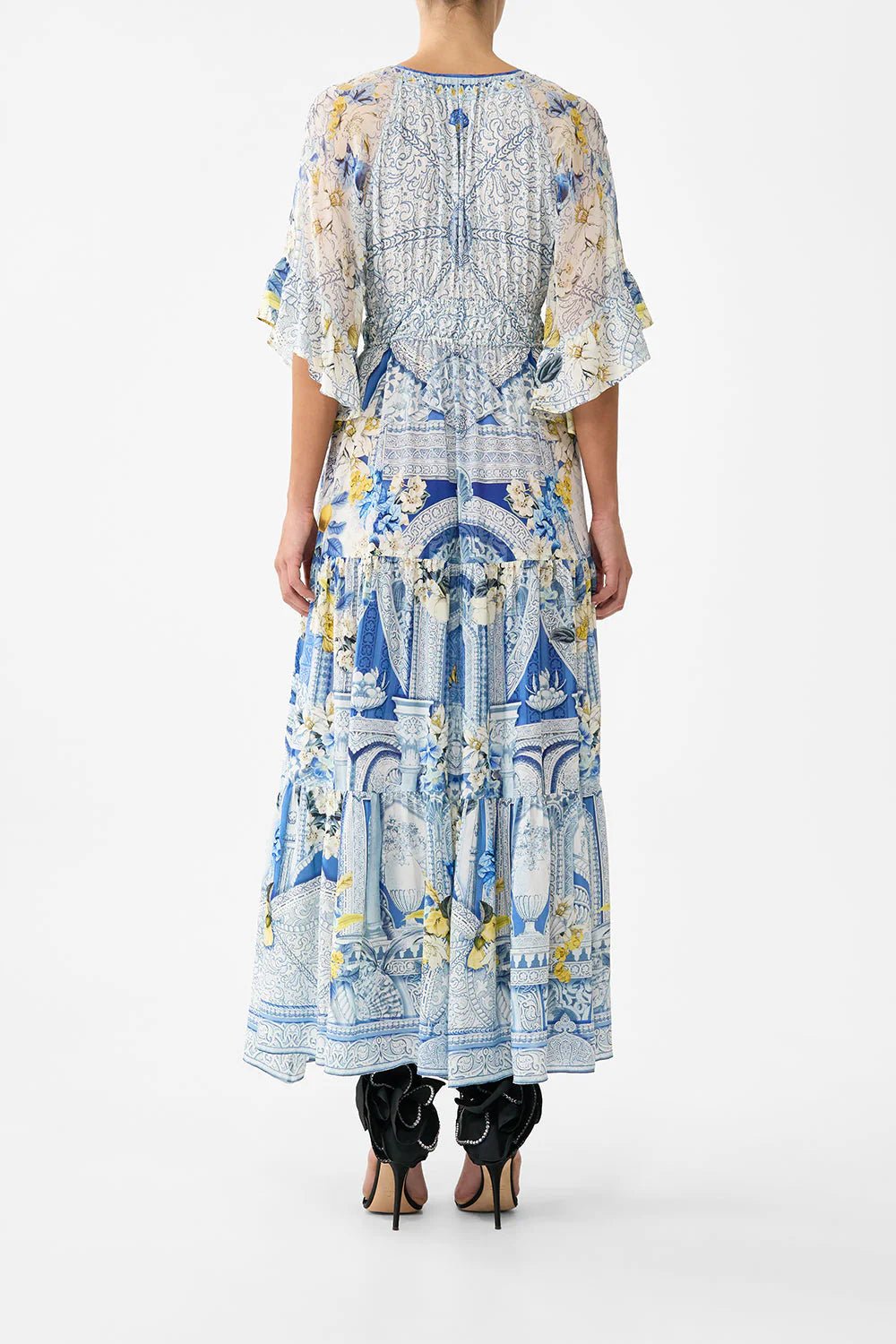 Young Ideas/Henmores - De Nada Granada Ruffle Sleeve Silk Midi Dress - Blue/White - S