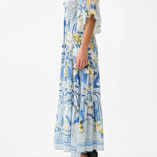 Young Ideas/Henmores - De Nada Granada Ruffle Sleeve Silk Midi Dress - Blue/White - S