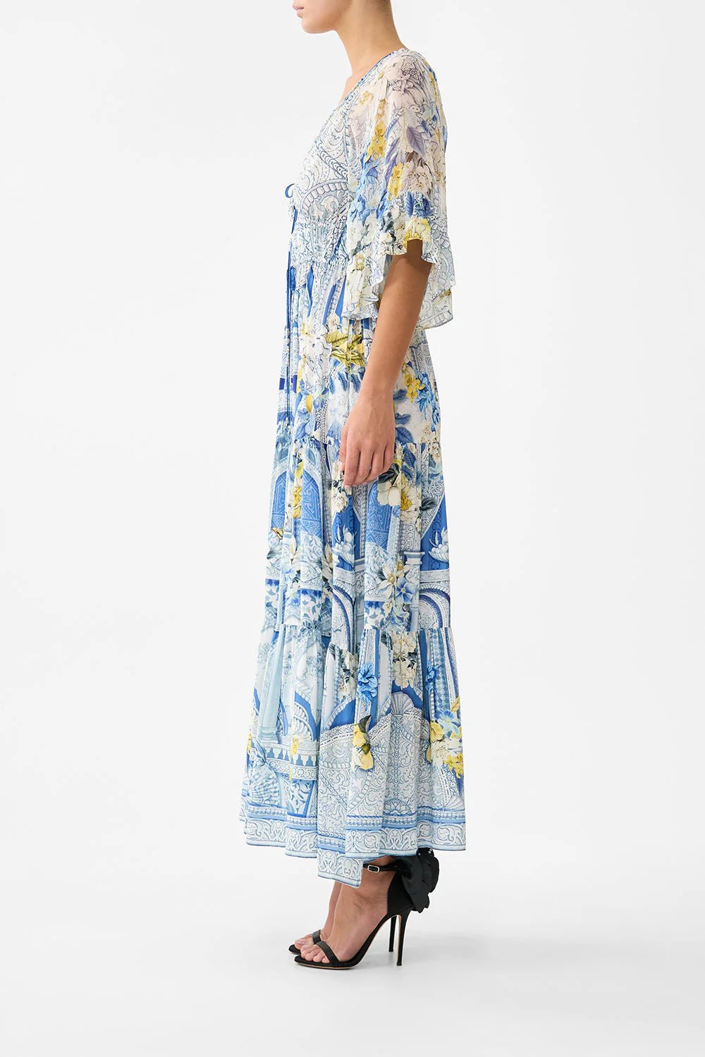 Young Ideas/Henmores - De Nada Granada Ruffle Sleeve Silk Midi Dress - Blue/White - S