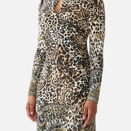 Young Ideas & Henmores - Fiesta Siesta Repeat Gathered Jersey Long Dress - Leopard/Blue - S