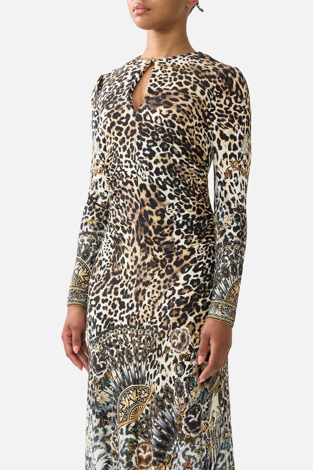 Young Ideas & Henmores - Fiesta Siesta Repeat Gathered Jersey Long Dress - Leopard/Blue - S