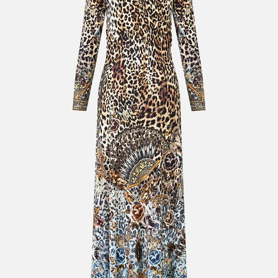 Young Ideas & Henmores - Fiesta Siesta Repeat Gathered Jersey Long Dress - Leopard/Blue - S