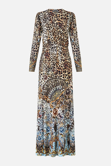 Young Ideas & Henmores - Fiesta Siesta Repeat Gathered Jersey Long Dress - Leopard/Blue - S