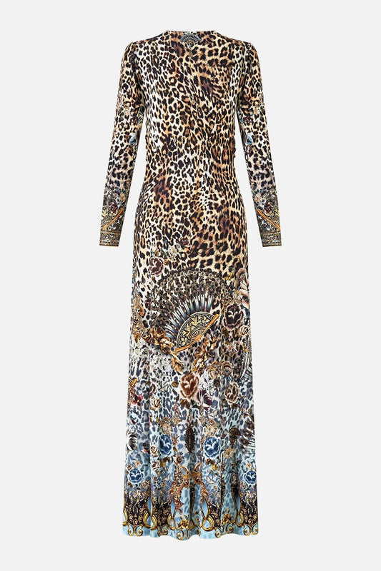 Young Ideas & Henmores - Fiesta Siesta Repeat Gathered Jersey Long Dress - Leopard/Blue - S