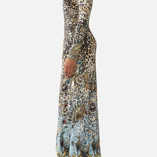Young Ideas & Henmores - Fiesta Siesta Repeat Gathered Jersey Long Dress - Leopard/Blue - S