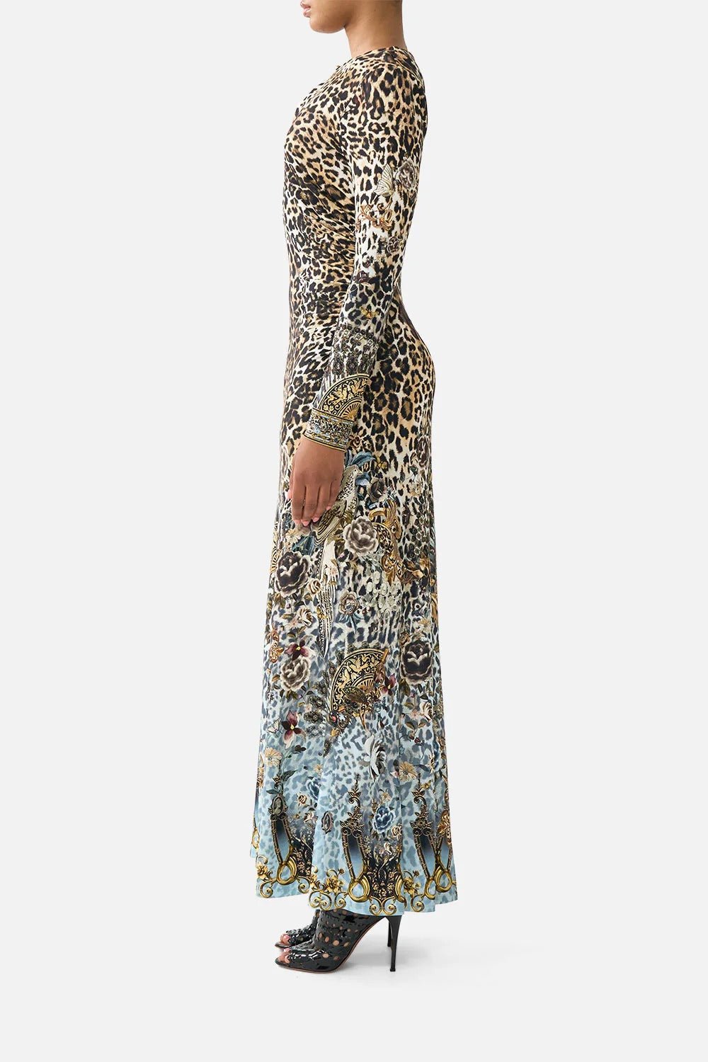 Young Ideas & Henmores - Fiesta Siesta Repeat Gathered Jersey Long Dress - Leopard/Blue - S