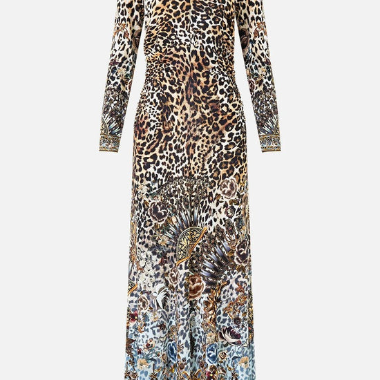 Young Ideas & Henmores - Fiesta Siesta Repeat Gathered Jersey Long Dress - Leopard/Blue - S