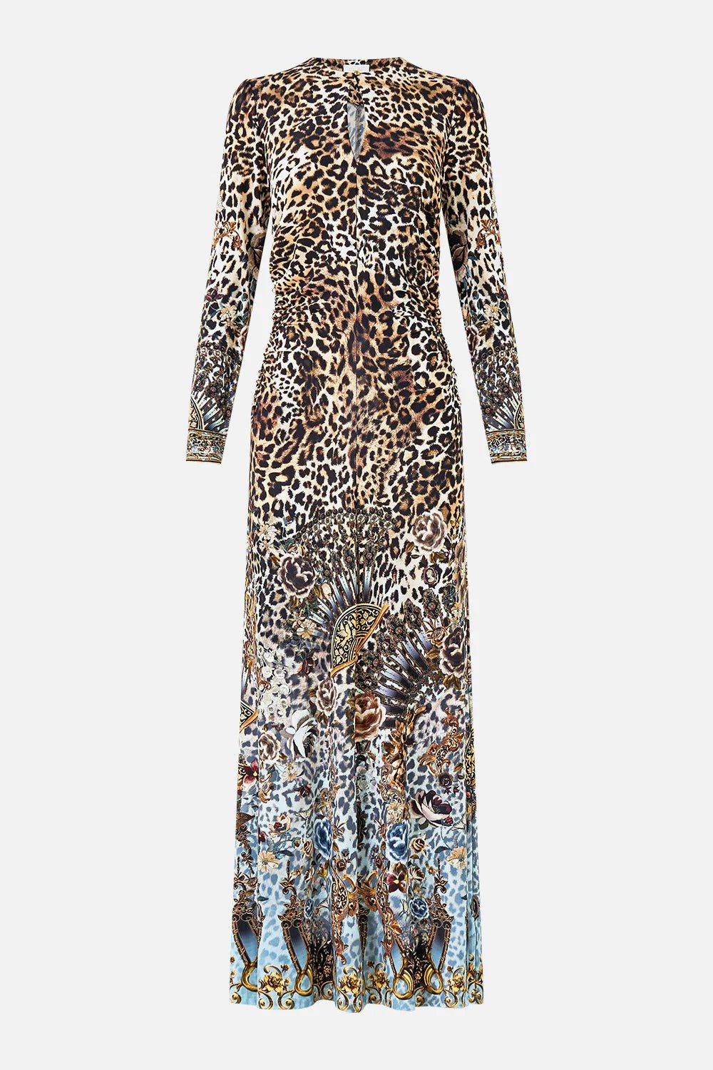 Young Ideas & Henmores - Fiesta Siesta Repeat Gathered Jersey Long Dress - Leopard/Blue - S