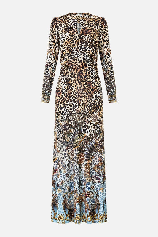 Young Ideas & Henmores - Fiesta Siesta Repeat Gathered Jersey Long Dress - Leopard/Blue - S
