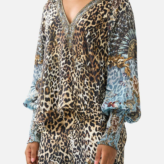 Young Ideas & Henmores - Fiesta Siesta Repeat Shirred Cuff Silk Blouse - Leopard/Blue - S