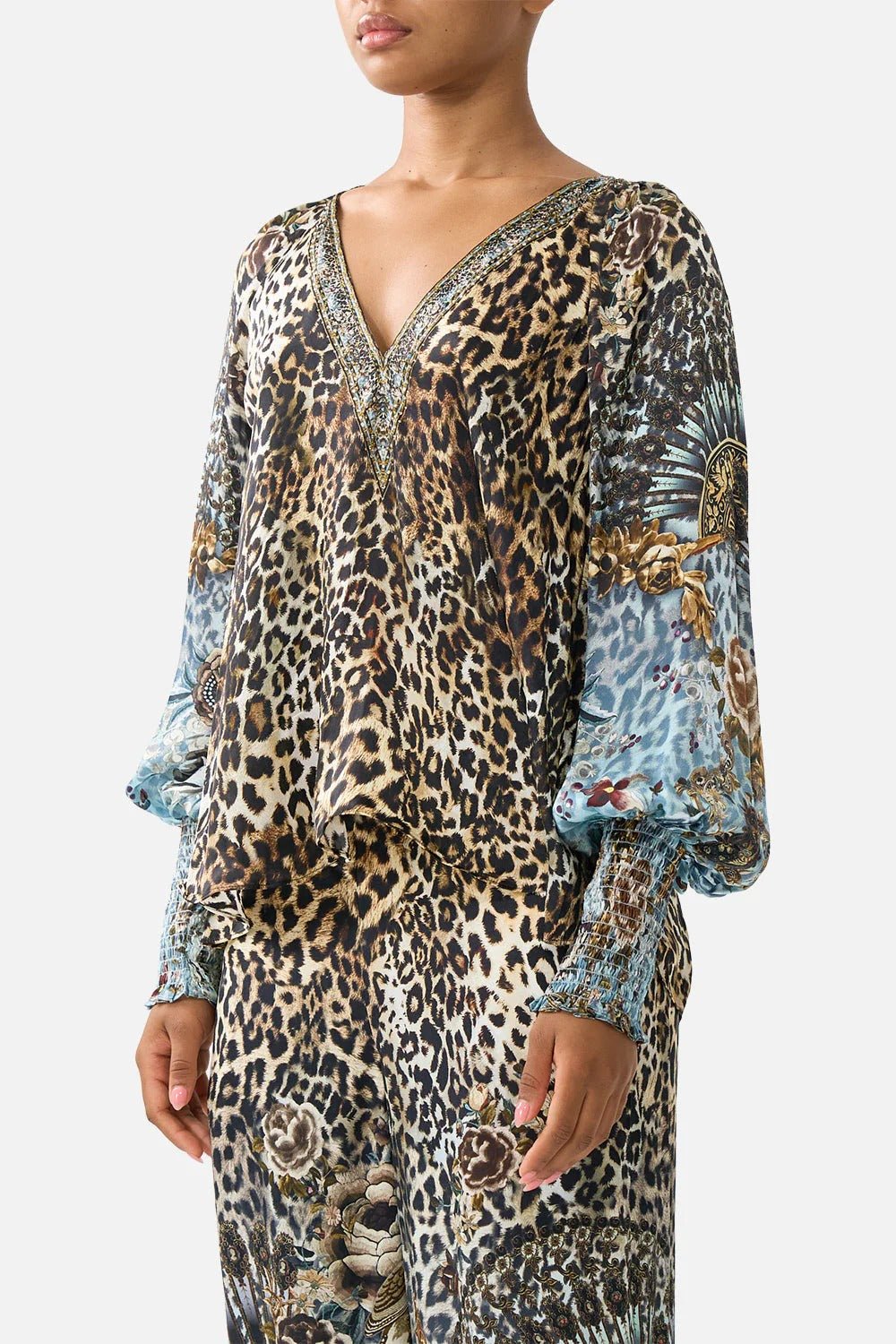 Young Ideas & Henmores - Fiesta Siesta Repeat Shirred Cuff Silk Blouse - Leopard/Blue - S