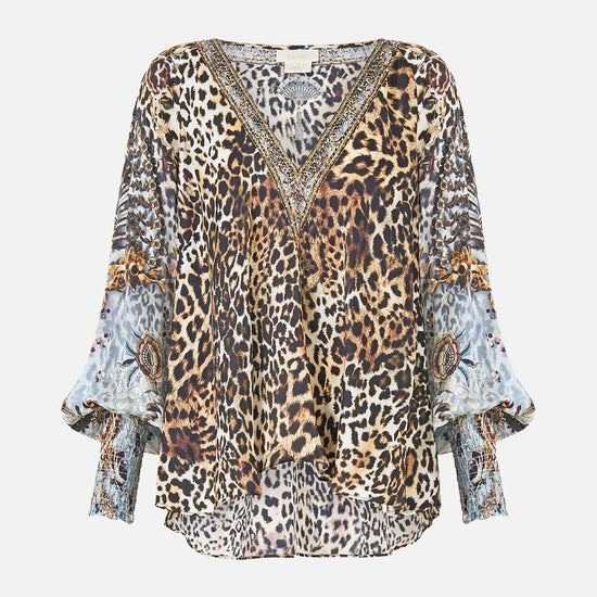 Young Ideas & Henmores - Fiesta Siesta Repeat Shirred Cuff Silk Blouse - Leopard/Blue - S