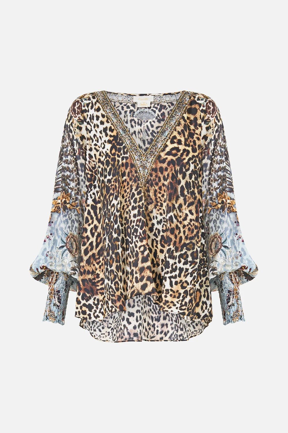 Young Ideas & Henmores - Fiesta Siesta Repeat Shirred Cuff Silk Blouse - Leopard/Blue - S