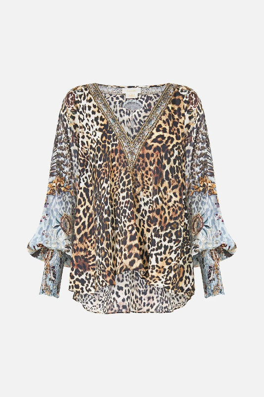 Young Ideas & Henmores - Fiesta Siesta Repeat Shirred Cuff Silk Blouse - Leopard/Blue - S