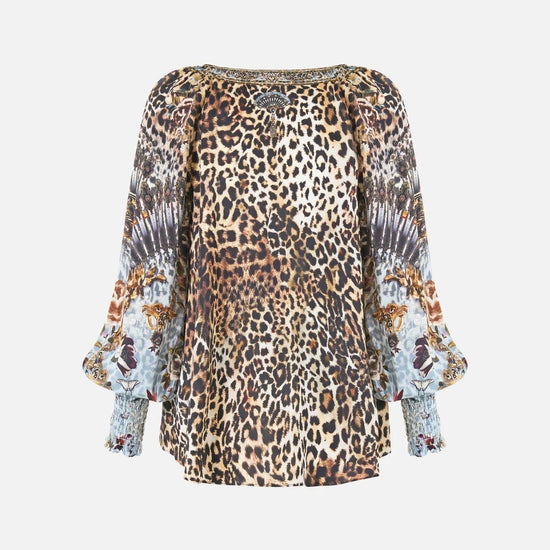 Young Ideas & Henmores - Fiesta Siesta Repeat Shirred Cuff Silk Blouse - Leopard/Blue - S