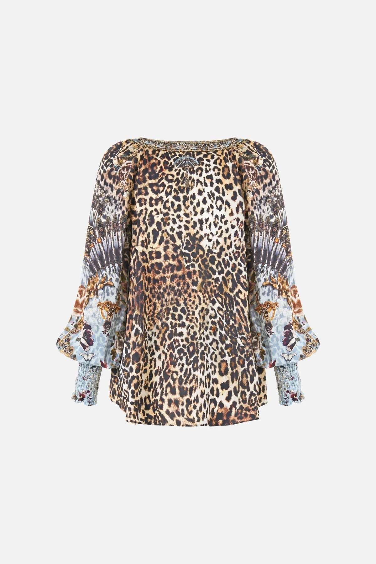 Young Ideas & Henmores - Fiesta Siesta Repeat Shirred Cuff Silk Blouse - Leopard/Blue - S