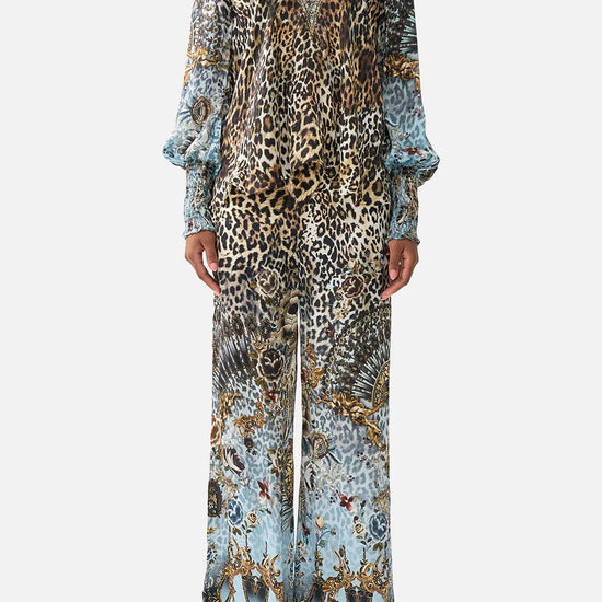 Young Ideas & Henmores - Fiesta Siesta Repeat Shirred Cuff Silk Blouse - Leopard/Blue - S