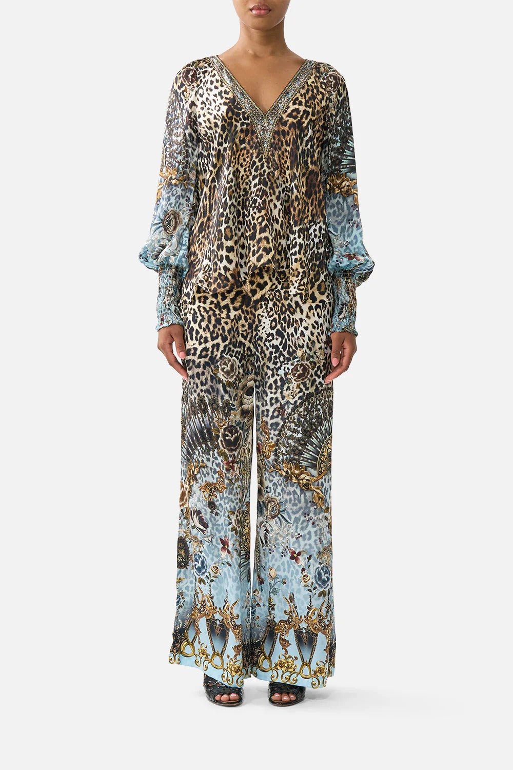 Young Ideas & Henmores - Fiesta Siesta Repeat Shirred Cuff Silk Blouse - Leopard/Blue - S
