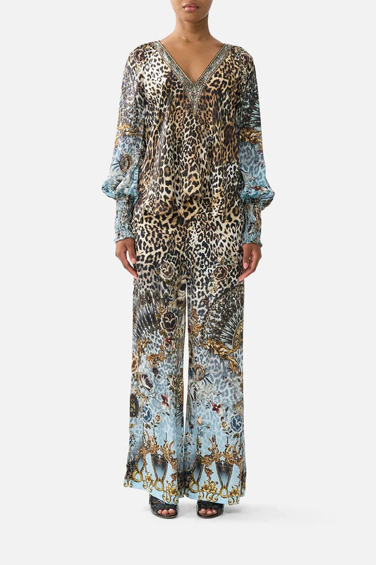 Young Ideas & Henmores - Fiesta Siesta Repeat Shirred Cuff Silk Blouse - Leopard/Blue - S