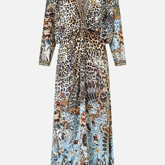 Young Ideas & Henmores - Fiesta Siesta Repeat Twist Front Silk Batwing Dress - Leopard/Blue - XS