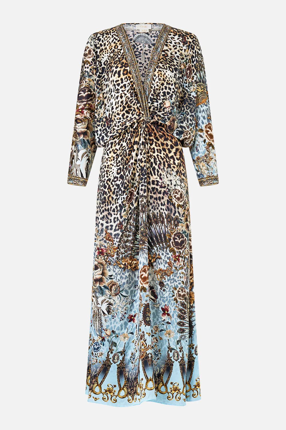 Young Ideas & Henmores - Fiesta Siesta Repeat Twist Front Silk Batwing Dress - Leopard/Blue - XS