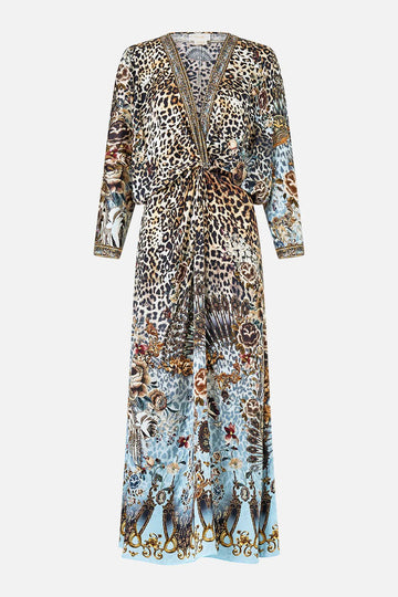 Young Ideas & Henmores - Fiesta Siesta Repeat Twist Front Silk Batwing Dress - Leopard/Blue - XS