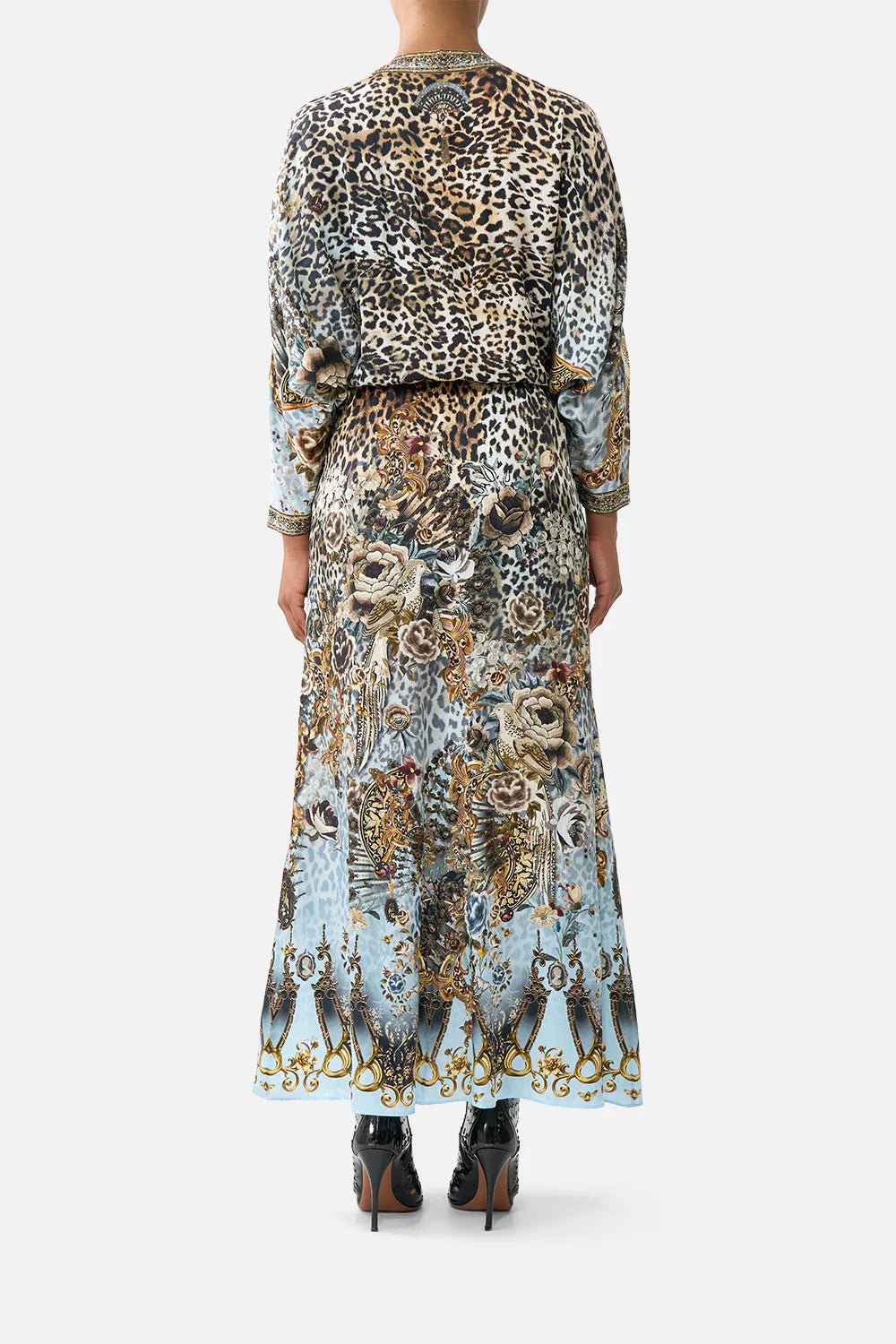 Young Ideas & Henmores - Fiesta Siesta Repeat Twist Front Silk Batwing Dress - Leopard/Blue - XS