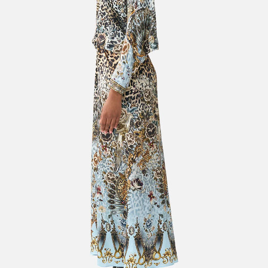 Young Ideas & Henmores - Fiesta Siesta Repeat Twist Front Silk Batwing Dress - Leopard/Blue - XS