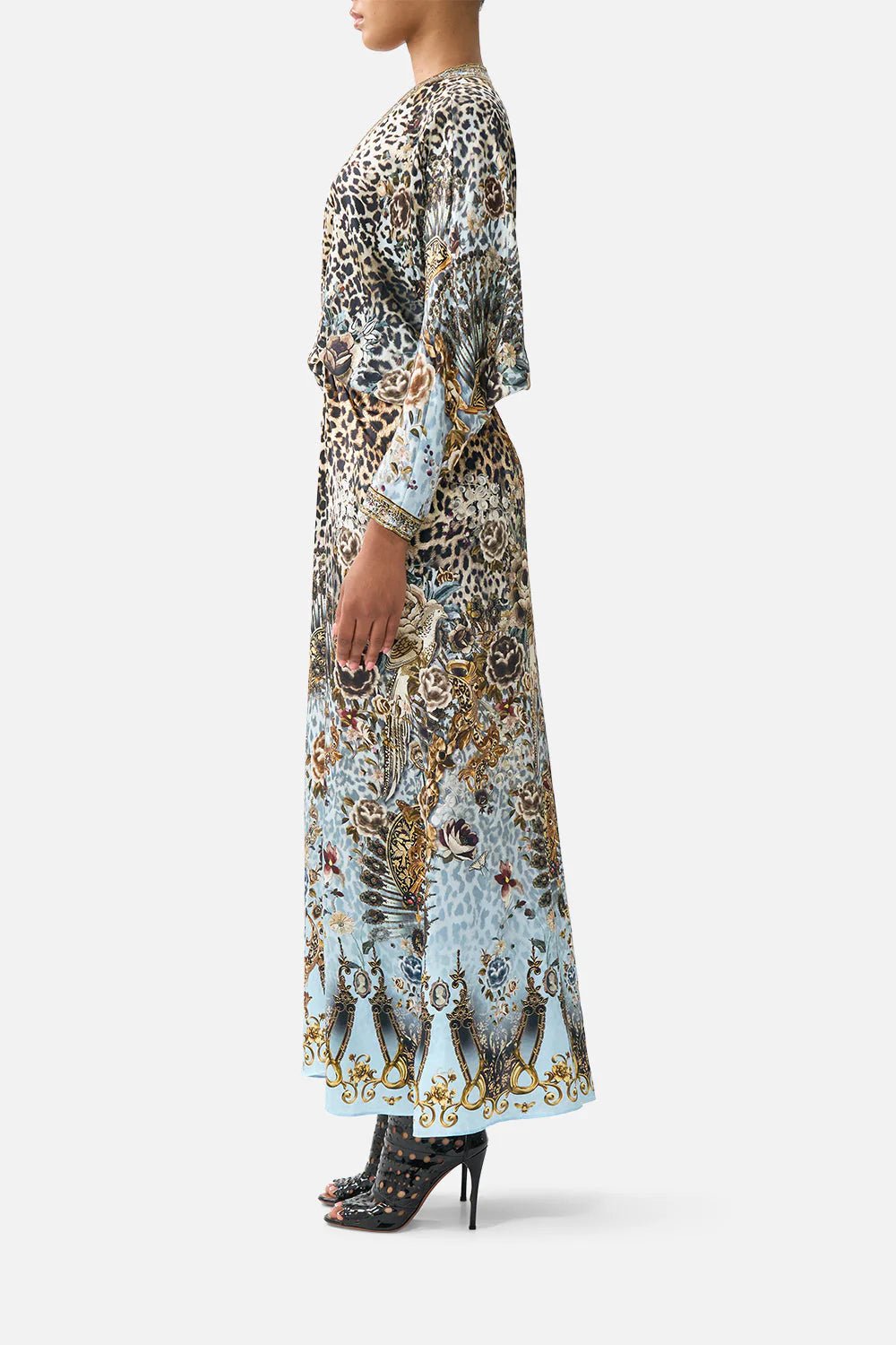 Young Ideas & Henmores - Fiesta Siesta Repeat Twist Front Silk Batwing Dress - Leopard/Blue - XS