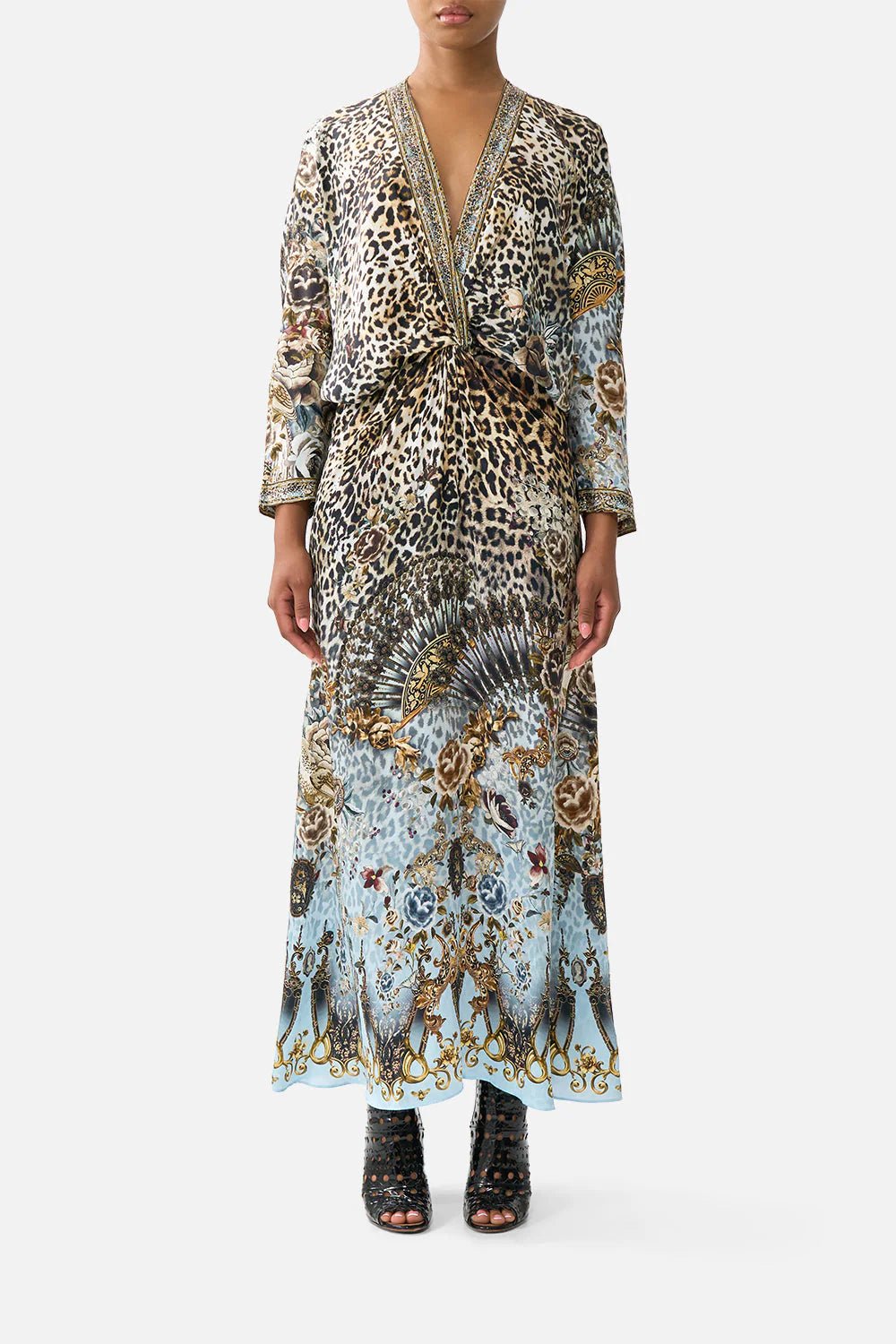 Young Ideas & Henmores - Fiesta Siesta Repeat Twist Front Silk Batwing Dress - Leopard/Blue - XS