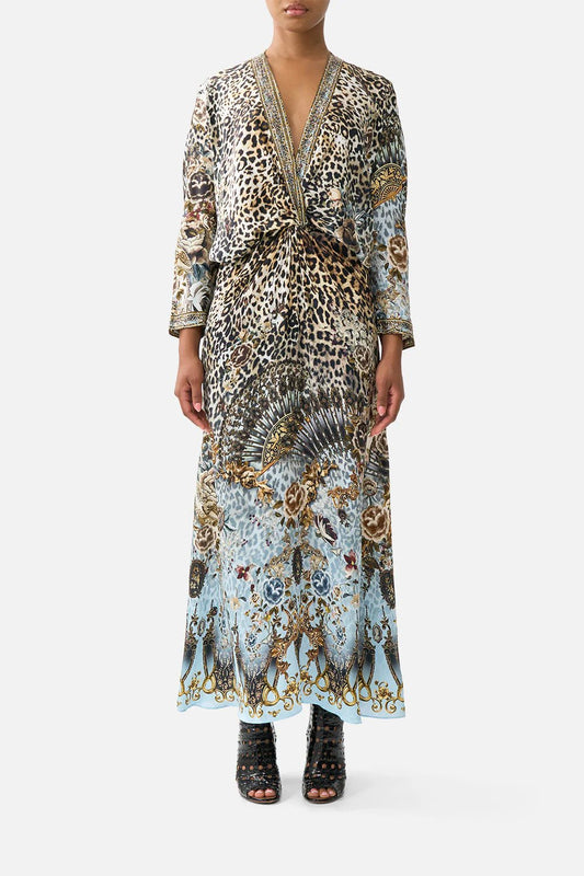 Young Ideas & Henmores - Fiesta Siesta Repeat Twist Front Silk Batwing Dress - Leopard/Blue - XS