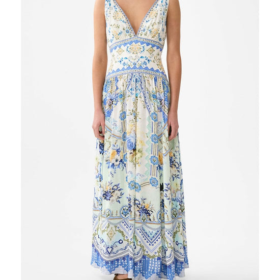 Young Ideas/Henmores - Homespun Heart Tie Shoulder Linen Silk Dress - Blue/Yellow - XS