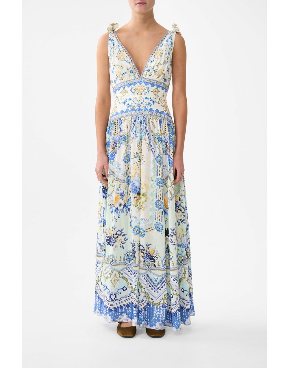 Young Ideas/Henmores - Homespun Heart Tie Shoulder Linen Silk Dress - Blue/Yellow - XS