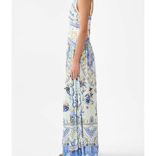 Young Ideas/Henmores - Homespun Heart Tie Shoulder Linen Silk Dress - Blue/Yellow - XS