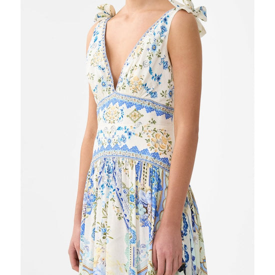 Young Ideas/Henmores - Homespun Heart Tie Shoulder Linen Silk Dress - Blue/Yellow - XS