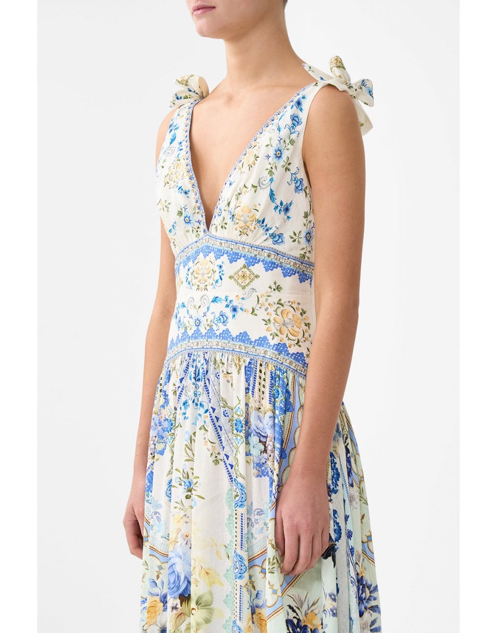 Young Ideas/Henmores - Homespun Heart Tie Shoulder Linen Silk Dress - Blue/Yellow - XS
