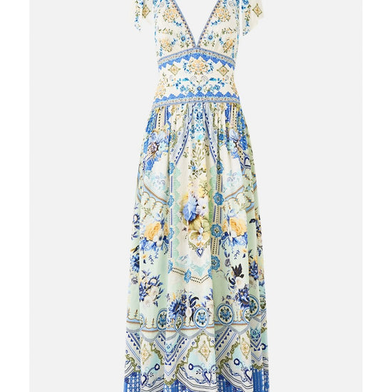 Young Ideas/Henmores - Homespun Heart Tie Shoulder Linen Silk Dress - Blue/Yellow - XS