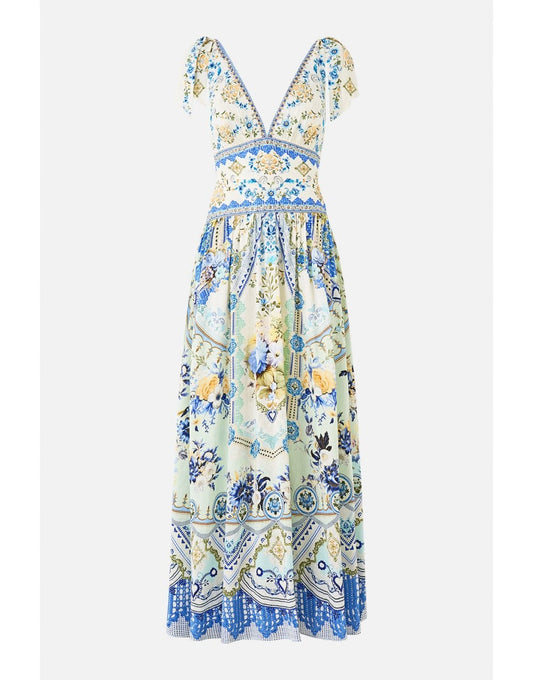 Young Ideas/Henmores - Homespun Heart Tie Shoulder Linen Silk Dress - Blue/Yellow - XS