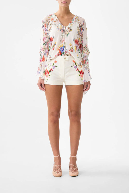 Young Ideas/Henmores - I Left My Heart In Granada Silk Ruffle Blouse - White Multi - XS