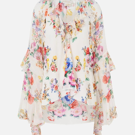 Young Ideas/Henmores - I Left My Heart In Granada Silk Ruffle Blouse - White Multi - XS