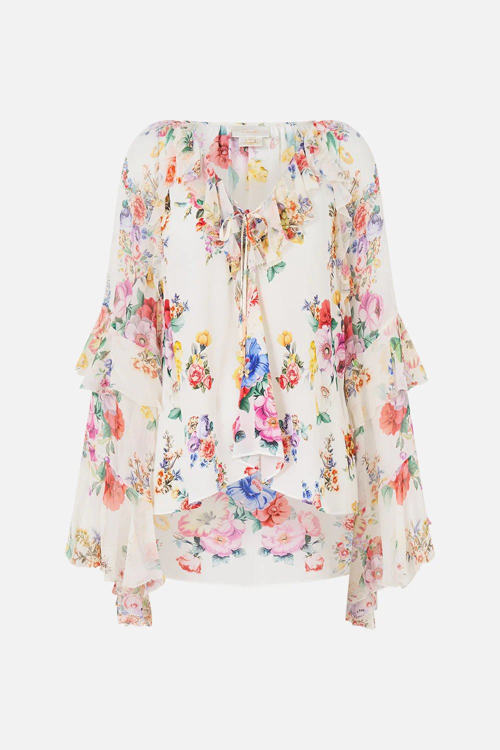 Young Ideas/Henmores - I Left My Heart In Granada Silk Ruffle Blouse - White Multi - XS