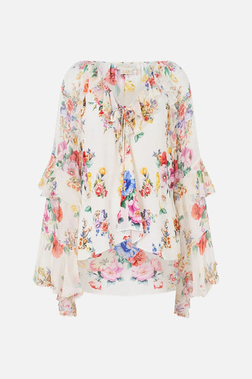 Young Ideas/Henmores - I Left My Heart In Granada Silk Ruffle Blouse - White Multi - XS