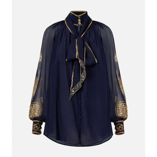 Young Ideas/Henmores - Imperial Gate Detachable Pussy Bow Blouse - Navy Gold - XS