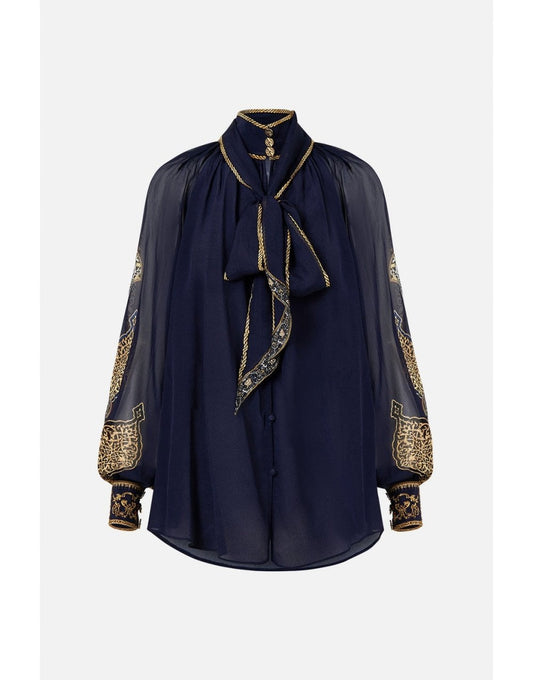 Young Ideas/Henmores - Imperial Gate Detachable Pussy Bow Blouse - Navy Gold - XS